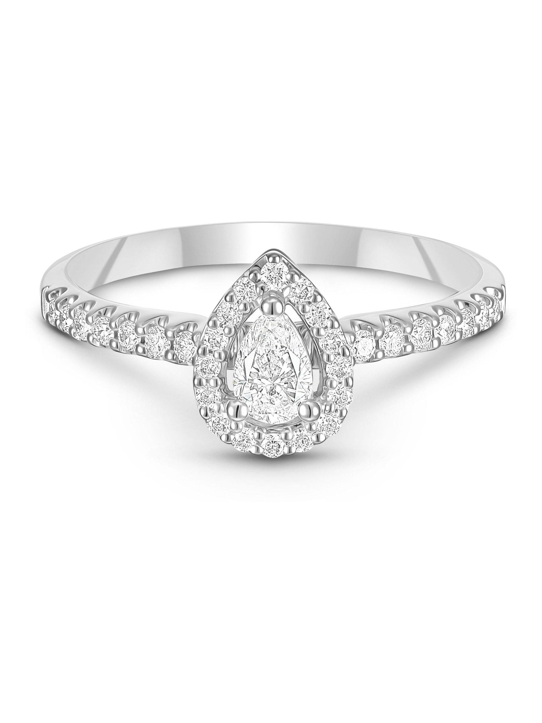 Beaverbrooks 18ct white gold diamond pear shaped halo engagement ring, UK version