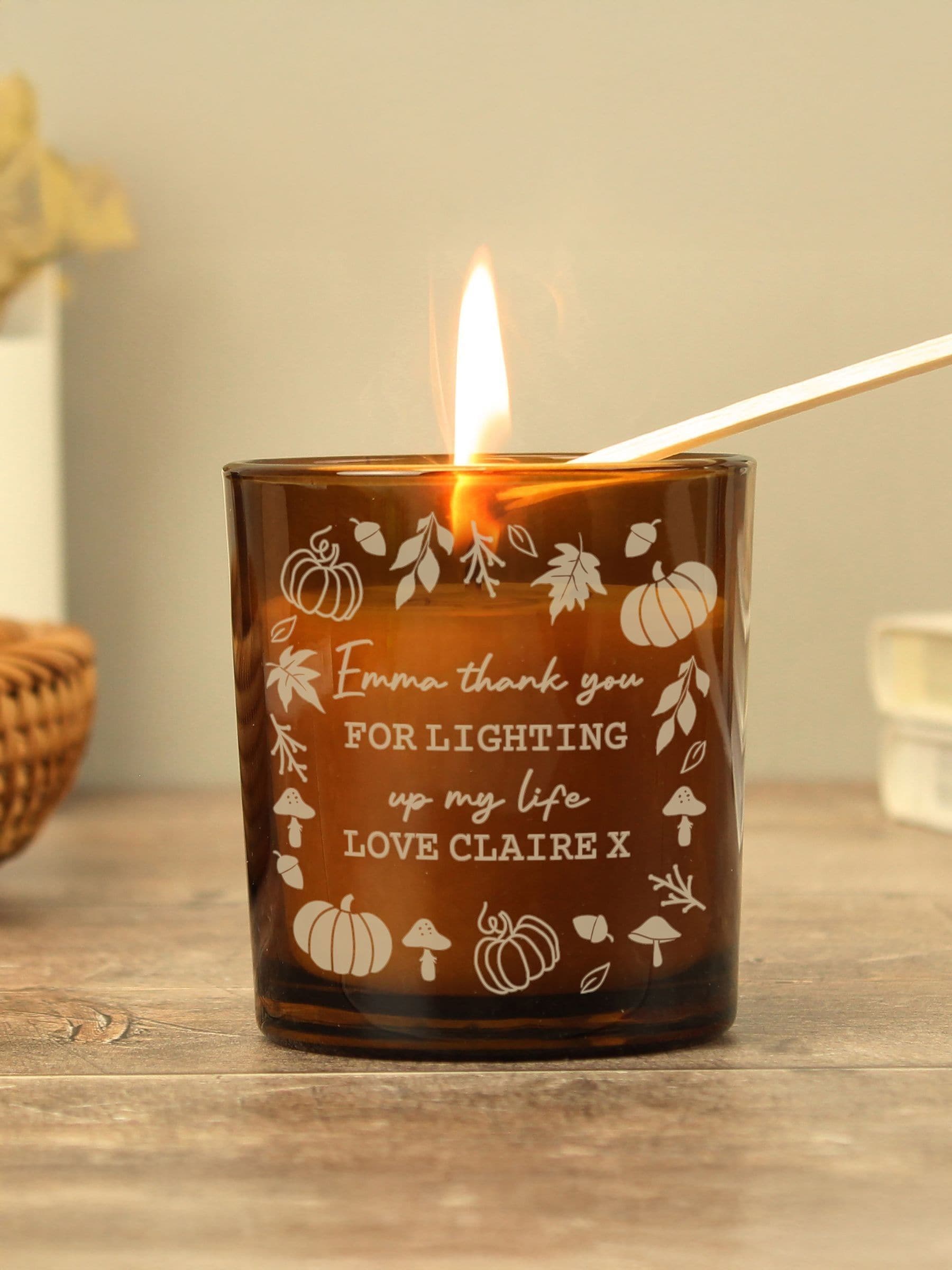 PMC personalised pumpkin amber glass candle - British brand