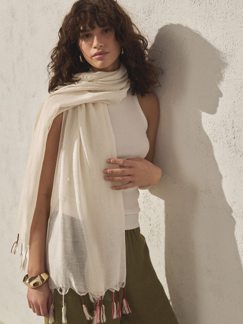 Ecru Cream Multiway Scarf Sarong With Tassels