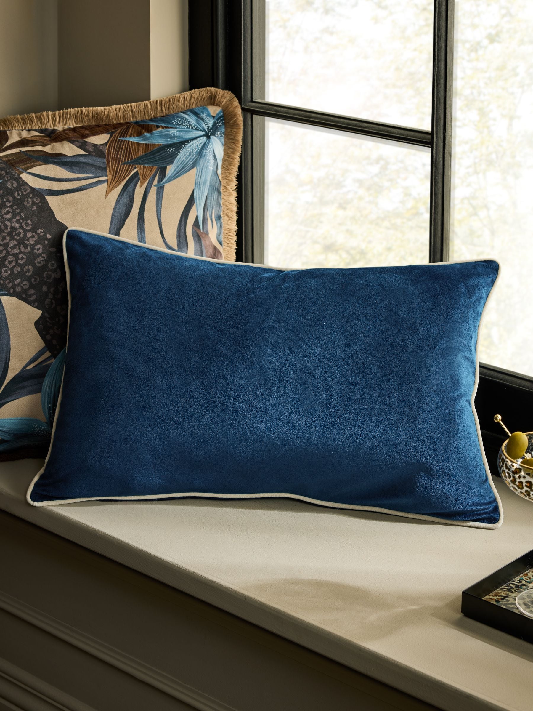 Dark Green Matte Velvet Contrast Pipe Cushion - 50 x 50cm
