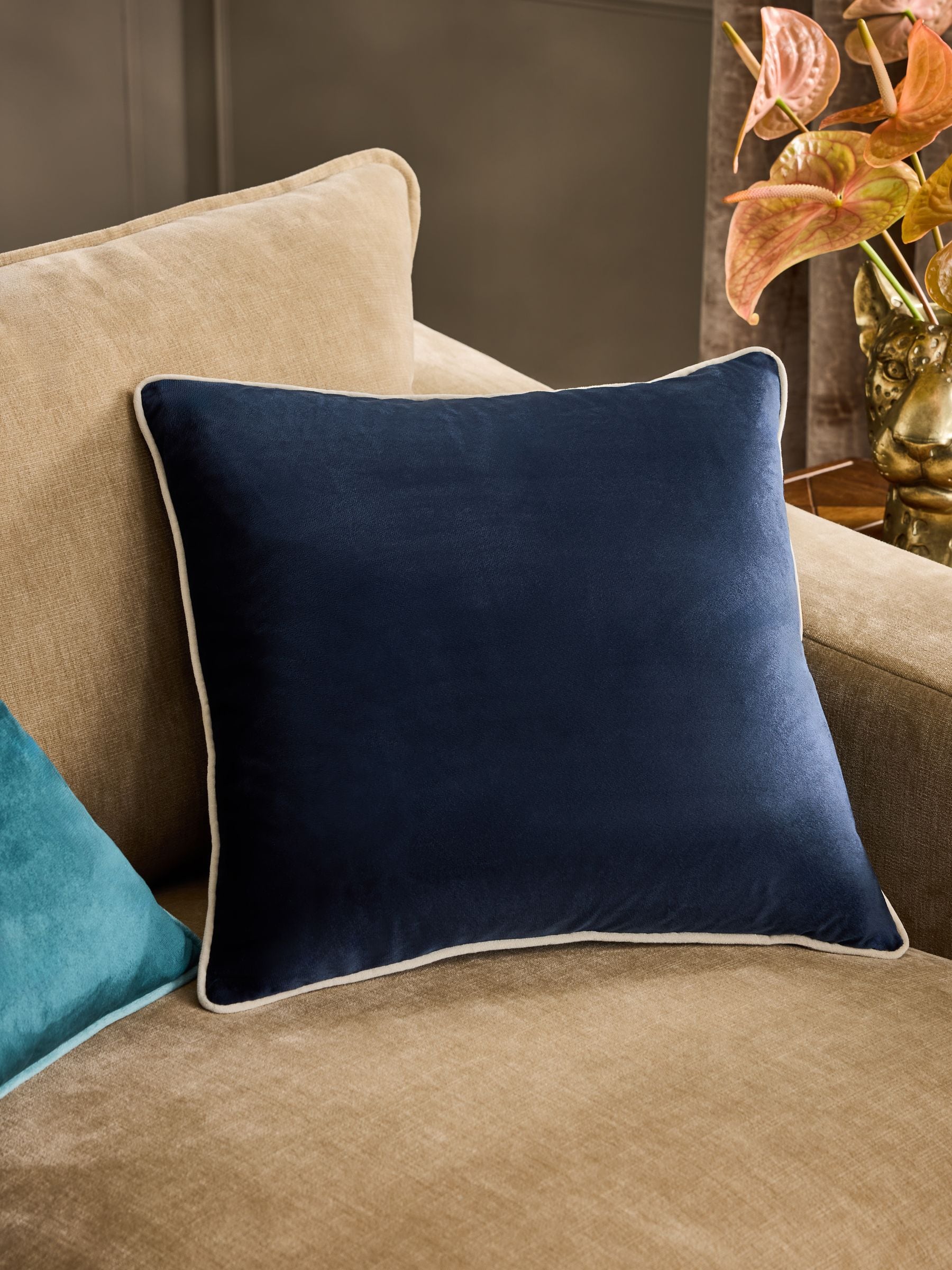 Dark Green Matte Velvet Contrast Pipe Cushion - 50 x 50cm