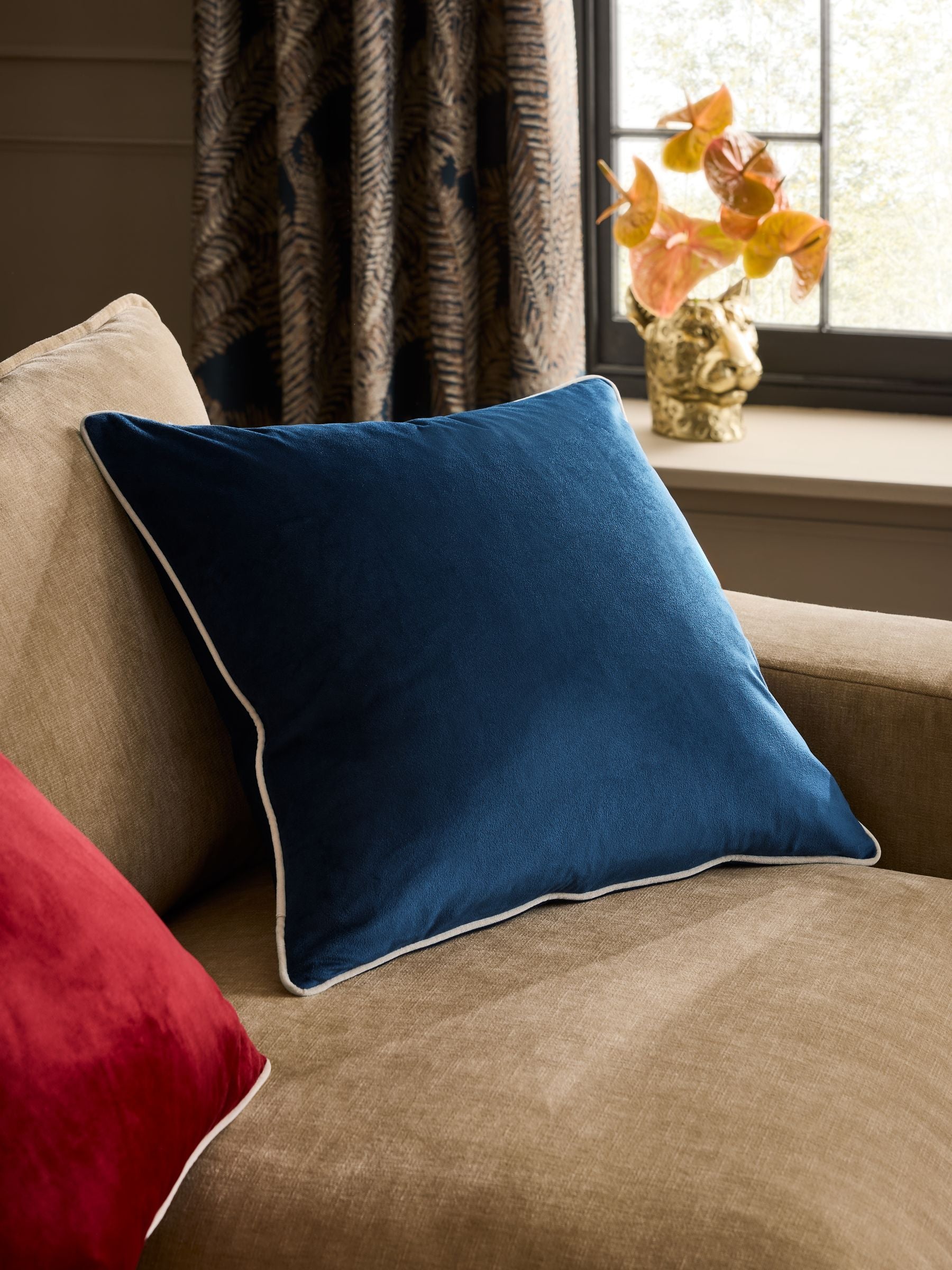 Dark Green Matte Velvet Contrast Pipe Cushion - 50 x 50cm