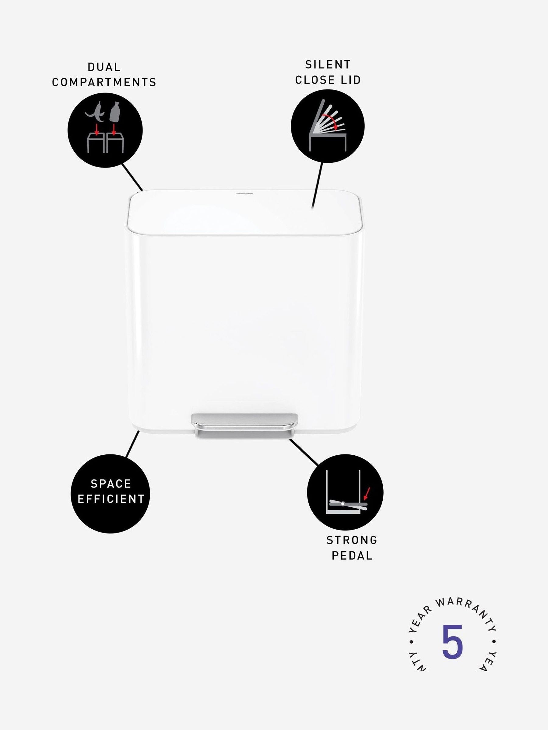 Simplehuman white mini pedal bin 15l, UK version