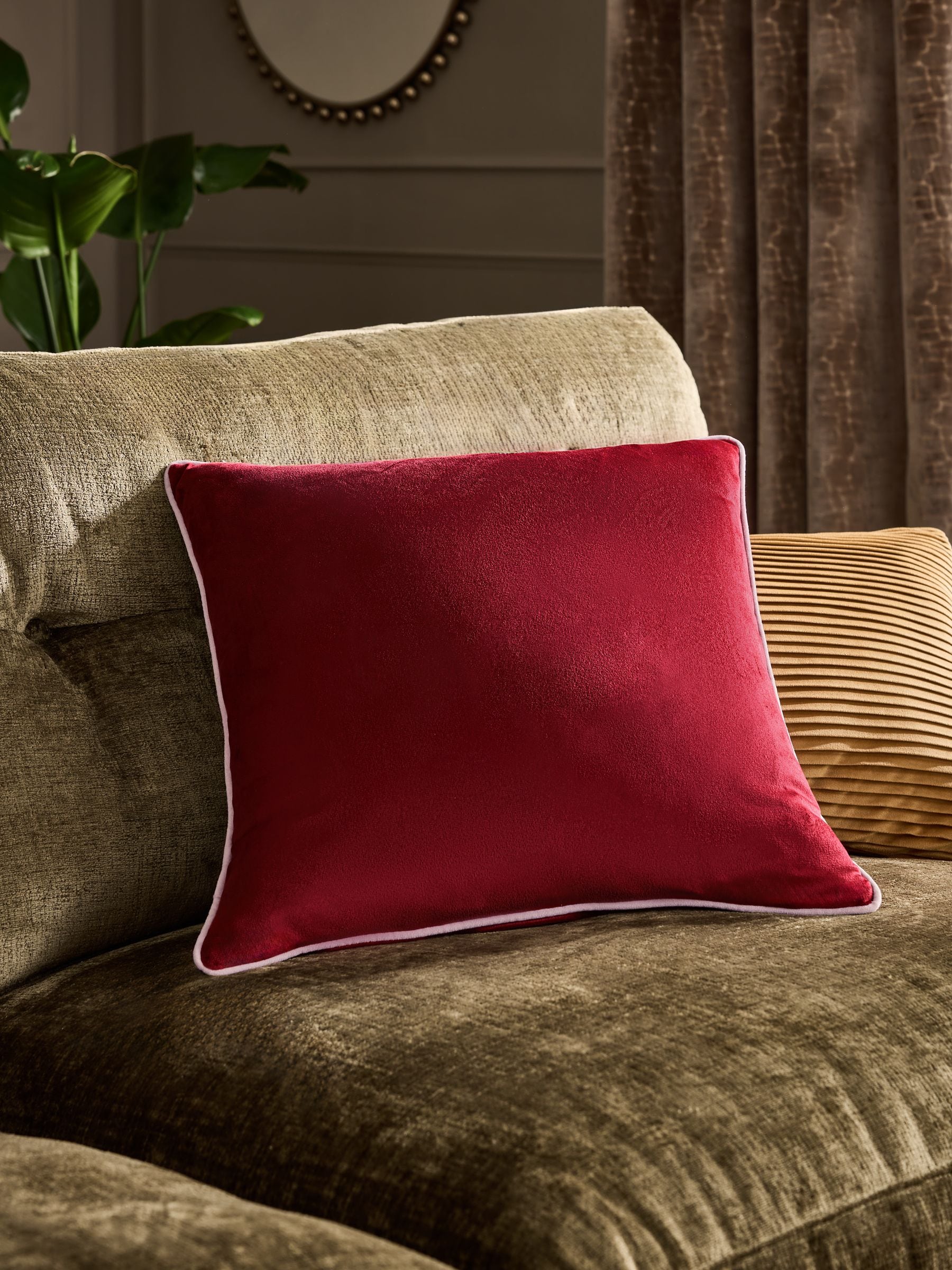 Dark Green Matte Velvet Contrast Pipe Cushion - 50 x 50cm