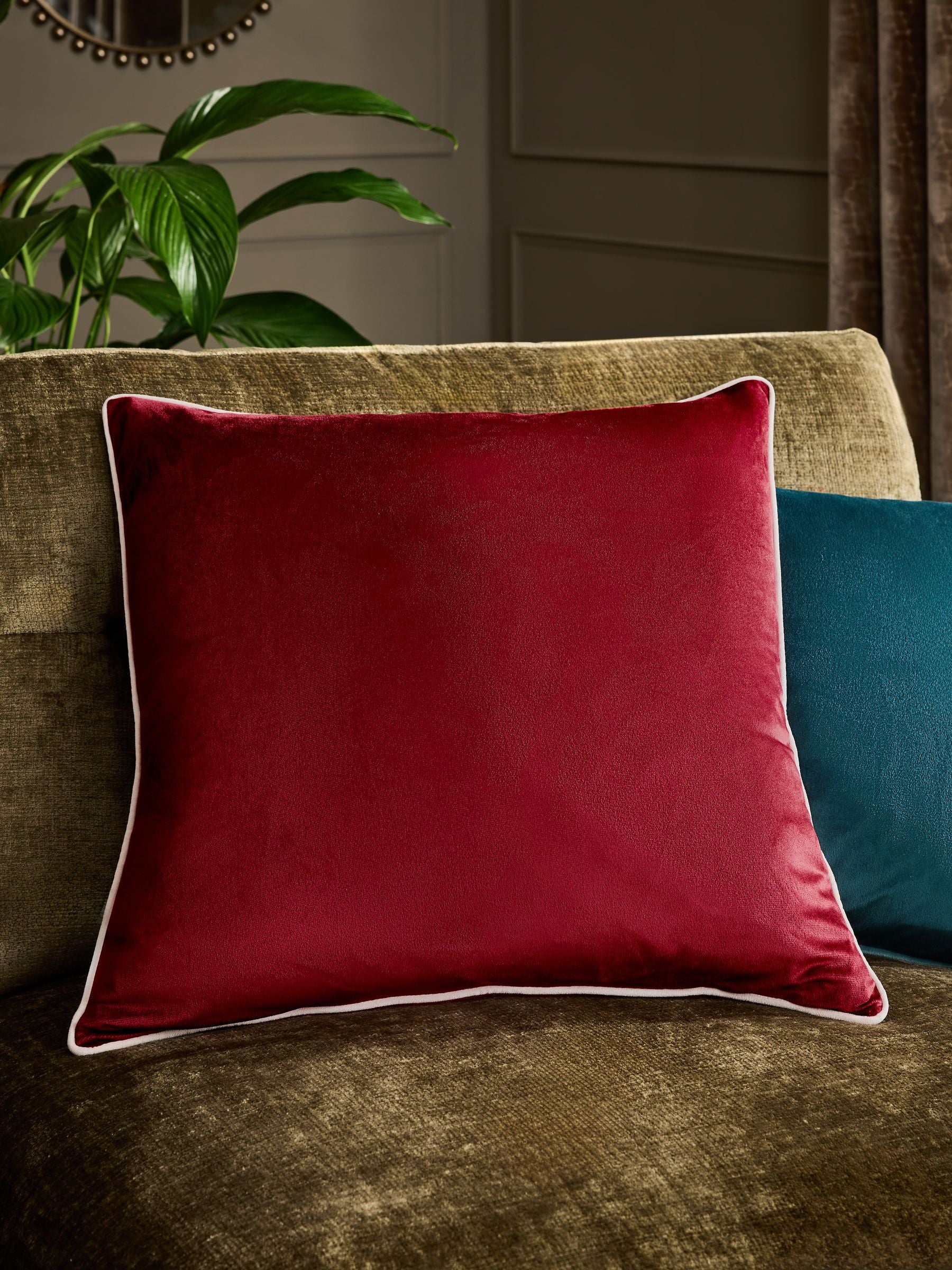 Dark Green Matte Velvet Contrast Pipe Cushion - 50 x 50cm