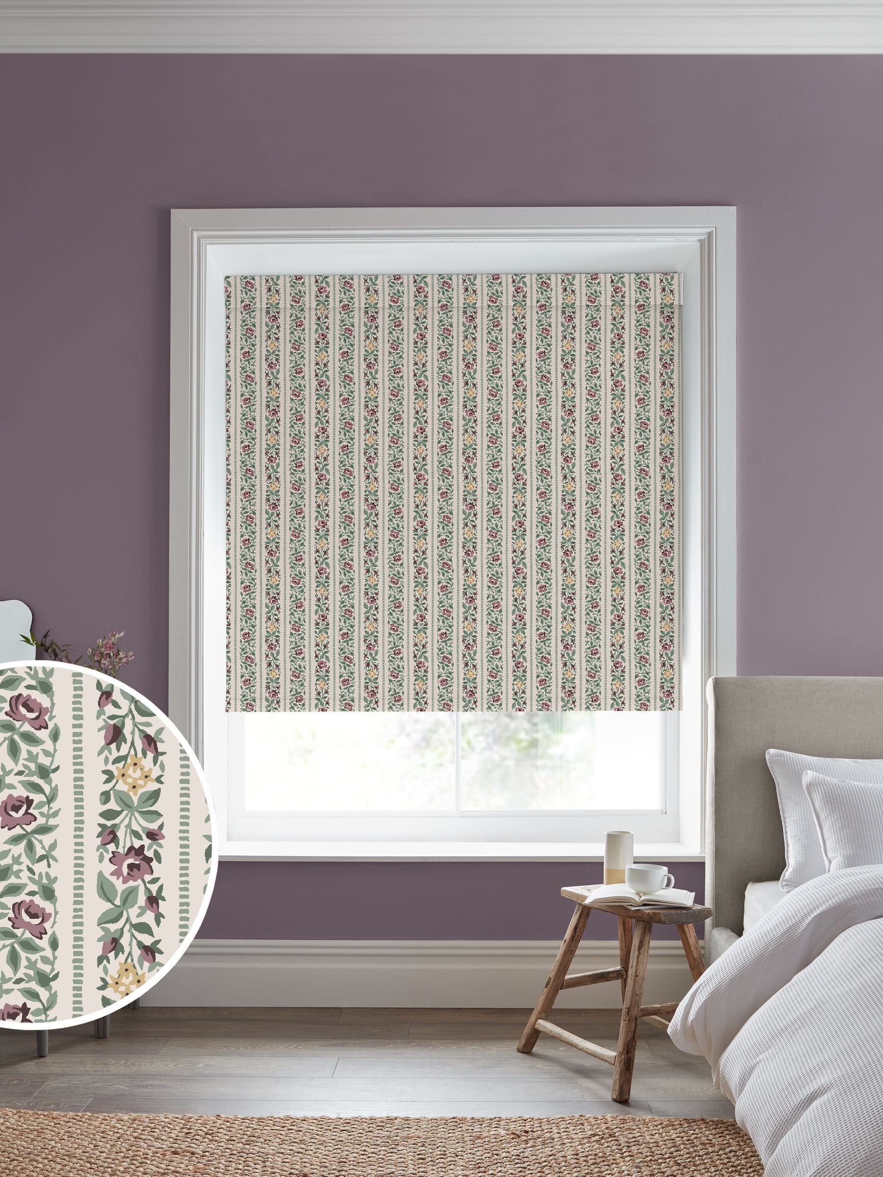 Laura Ashley Talon Stripe roller blind dusky plum purple, imported from the UK