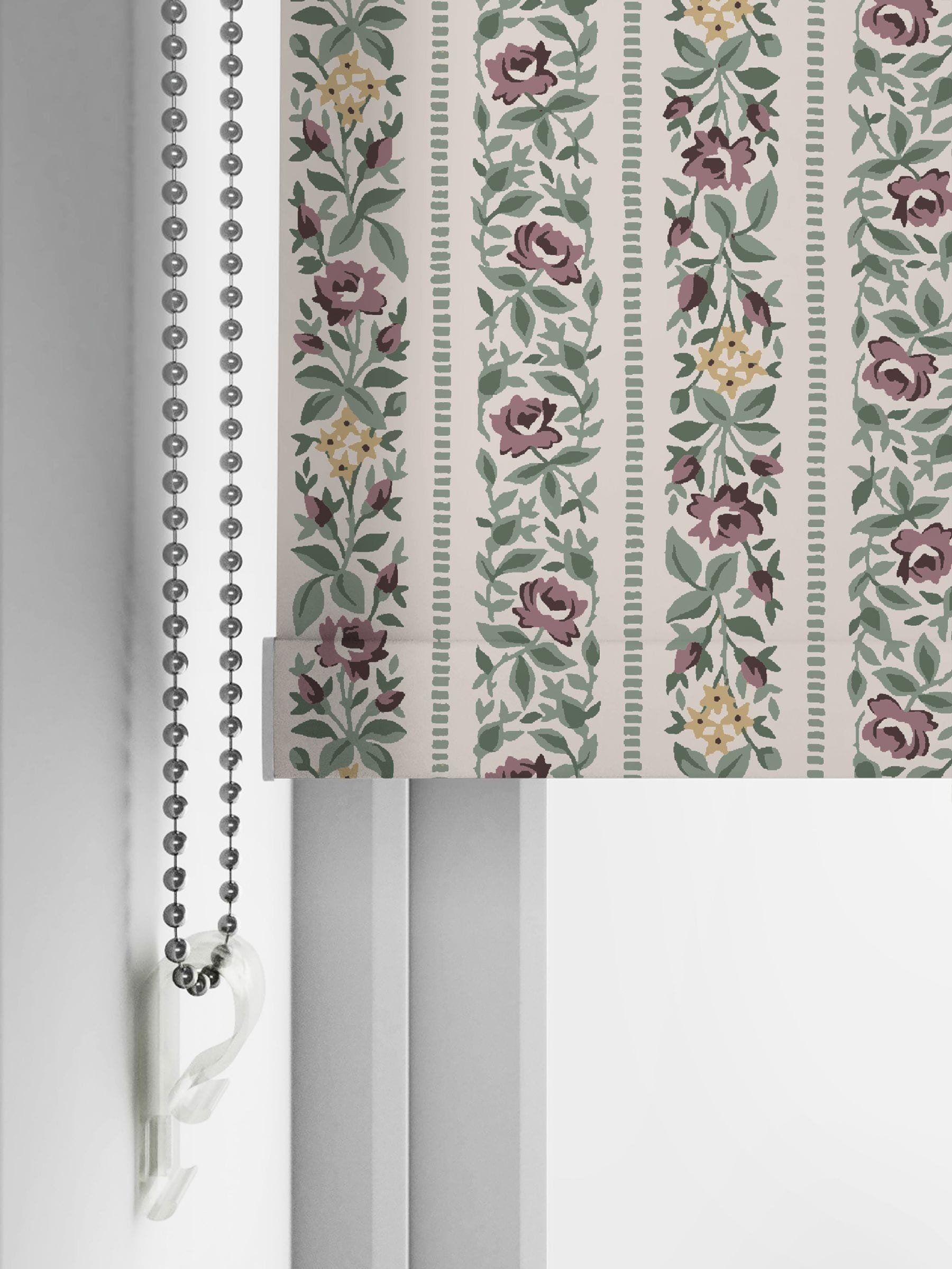 Laura Ashley Talon Stripe roller blind dusky plum purple, imported from the UK