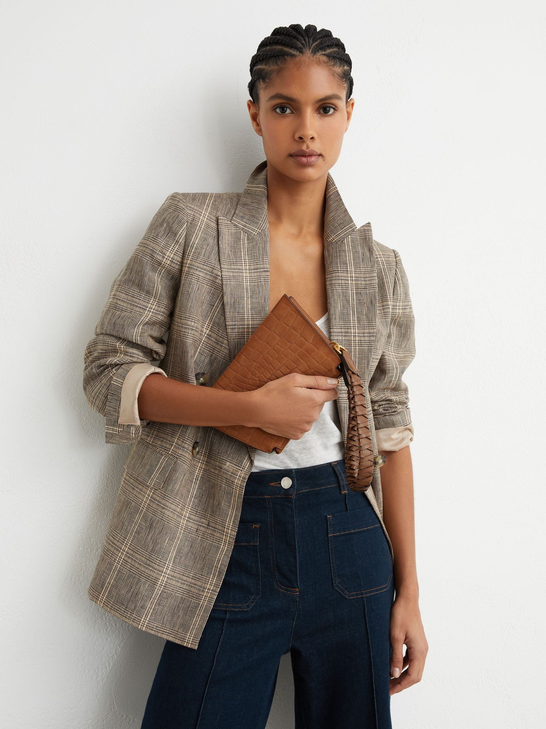 Reiss tan Avery embossed suede leather top-handle bag, UK version