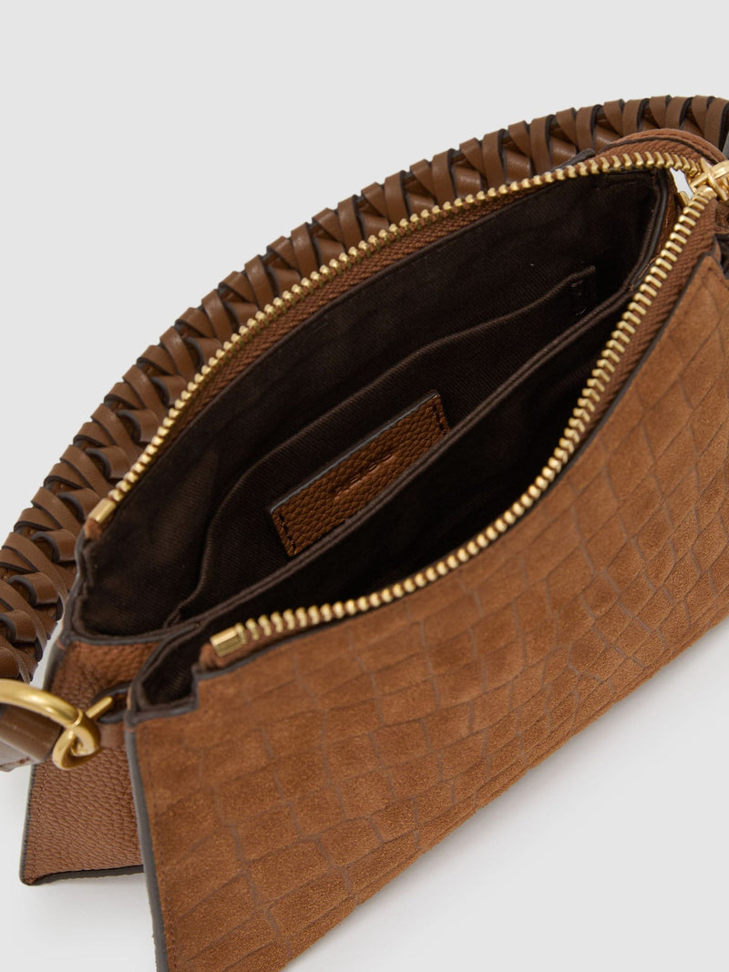 Reiss tan Avery embossed suede leather top-handle bag, UK version