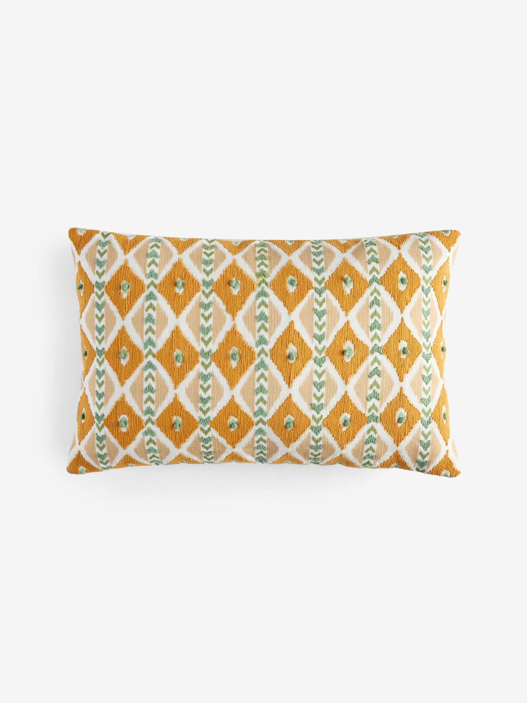 Nina Campbell ochre ikat stripe embroidered cushion 30cm, imported from the UK
