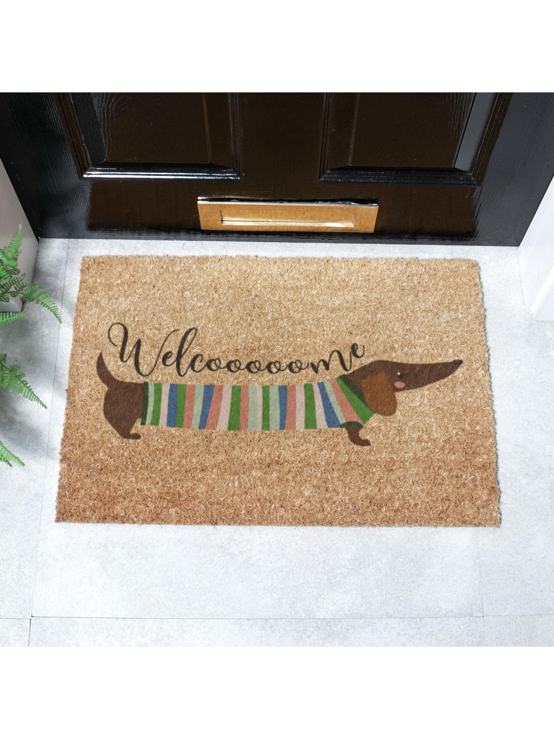 Artsy Mats brown welcome sausage dog doormat 60x40cm, imported from the UK