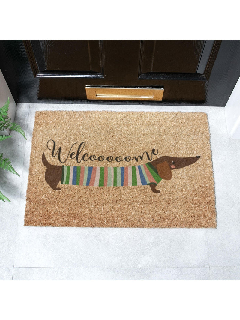 Artsy Mats brown welcome sausage dog doormat 60x40cm, imported from the UK