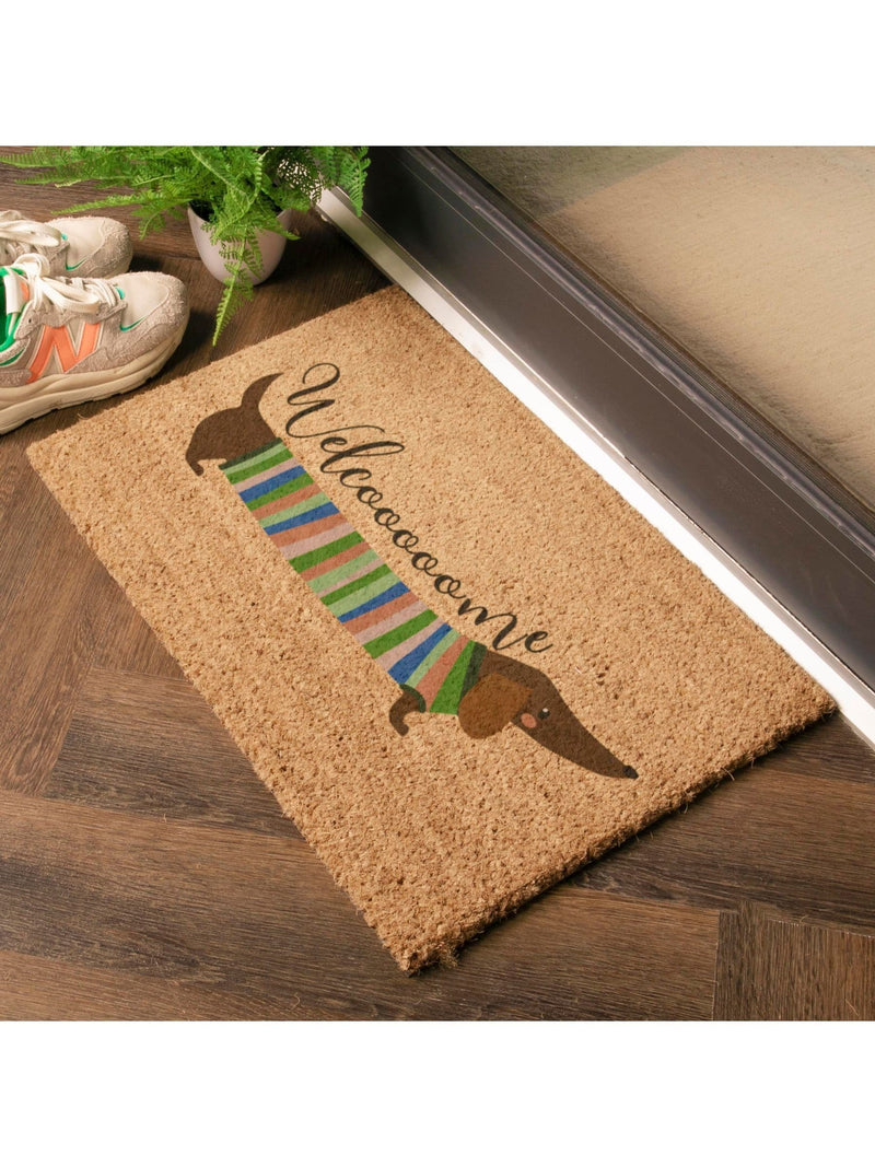 Artsy Mats brown welcome sausage dog doormat 60x40cm, imported from the UK