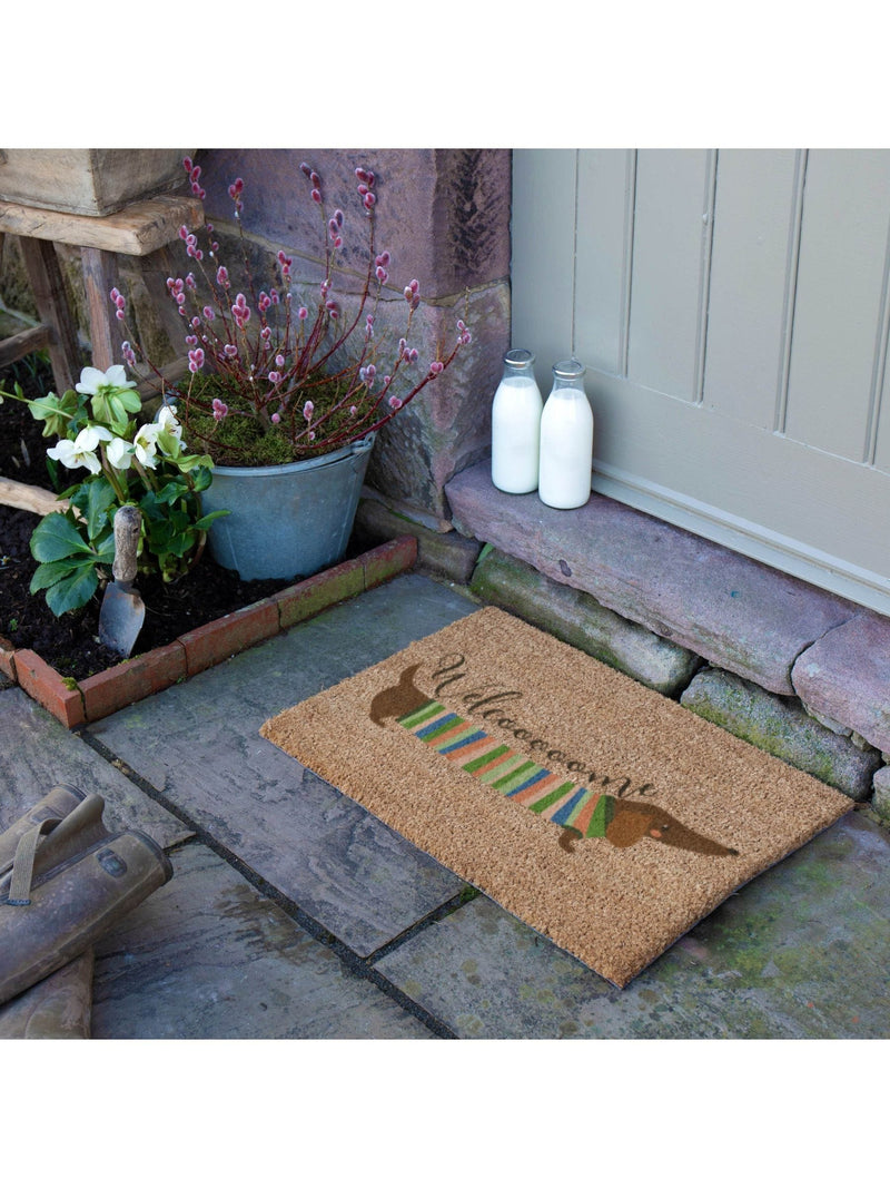 Artsy Mats brown welcome sausage dog doormat 60x40cm, imported from the UK