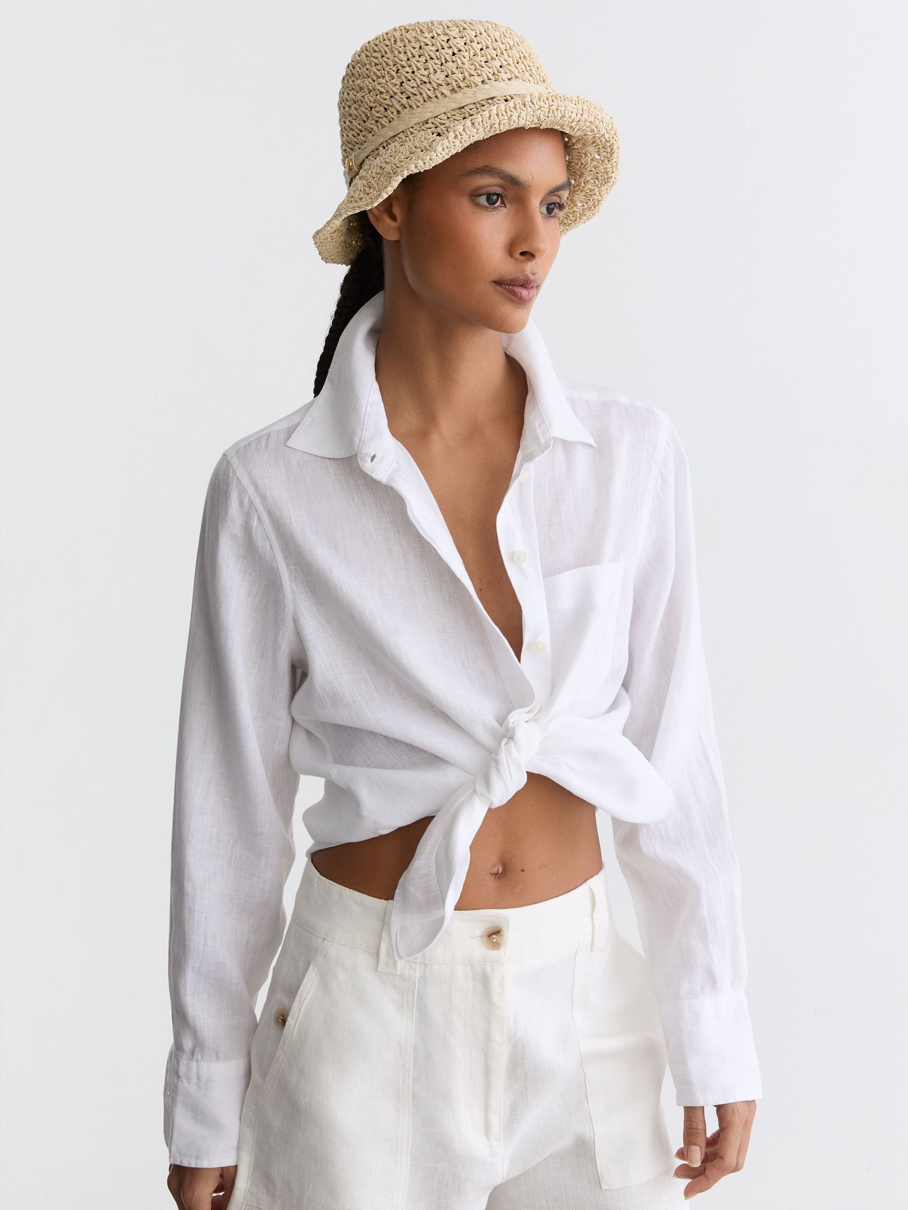 Reiss Eva crochet raffia-effect bucket hat, imported from the UK
