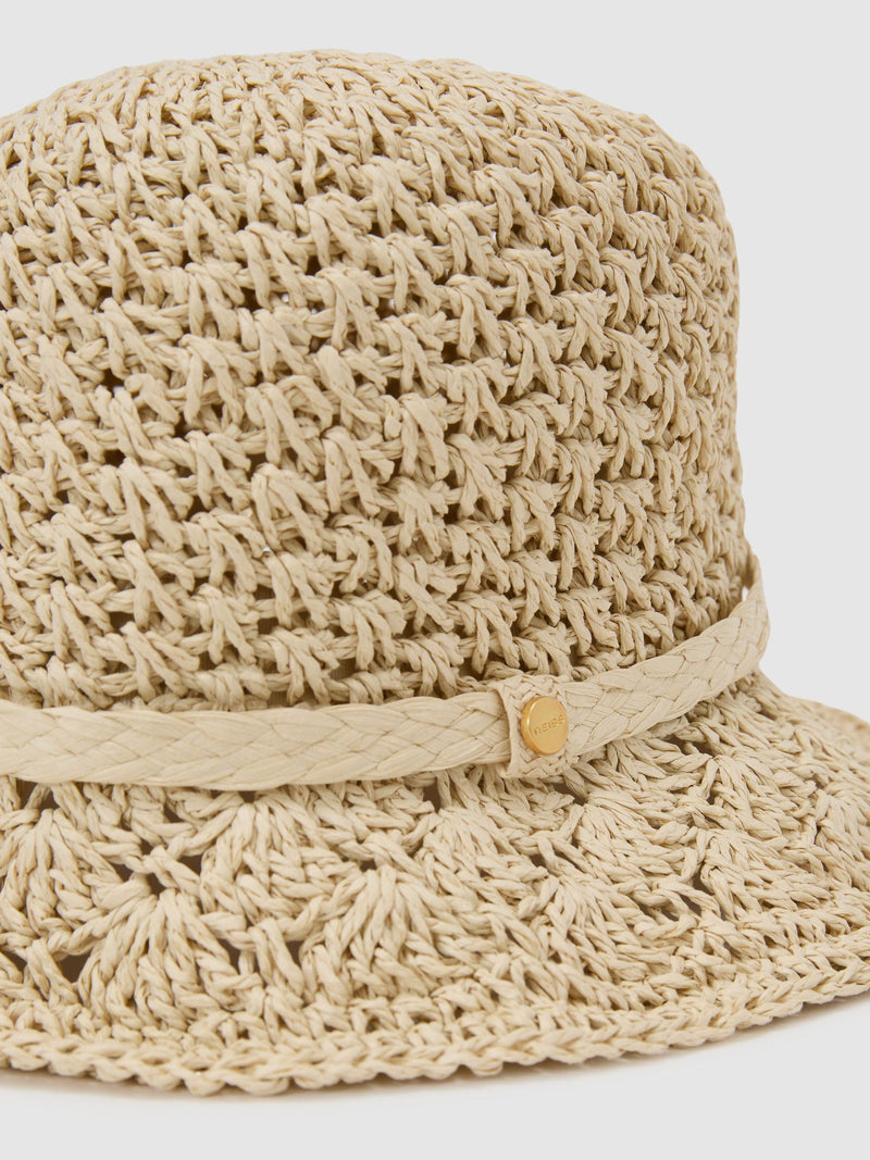 Reiss Eva crochet raffia-effect bucket hat, imported from the UK