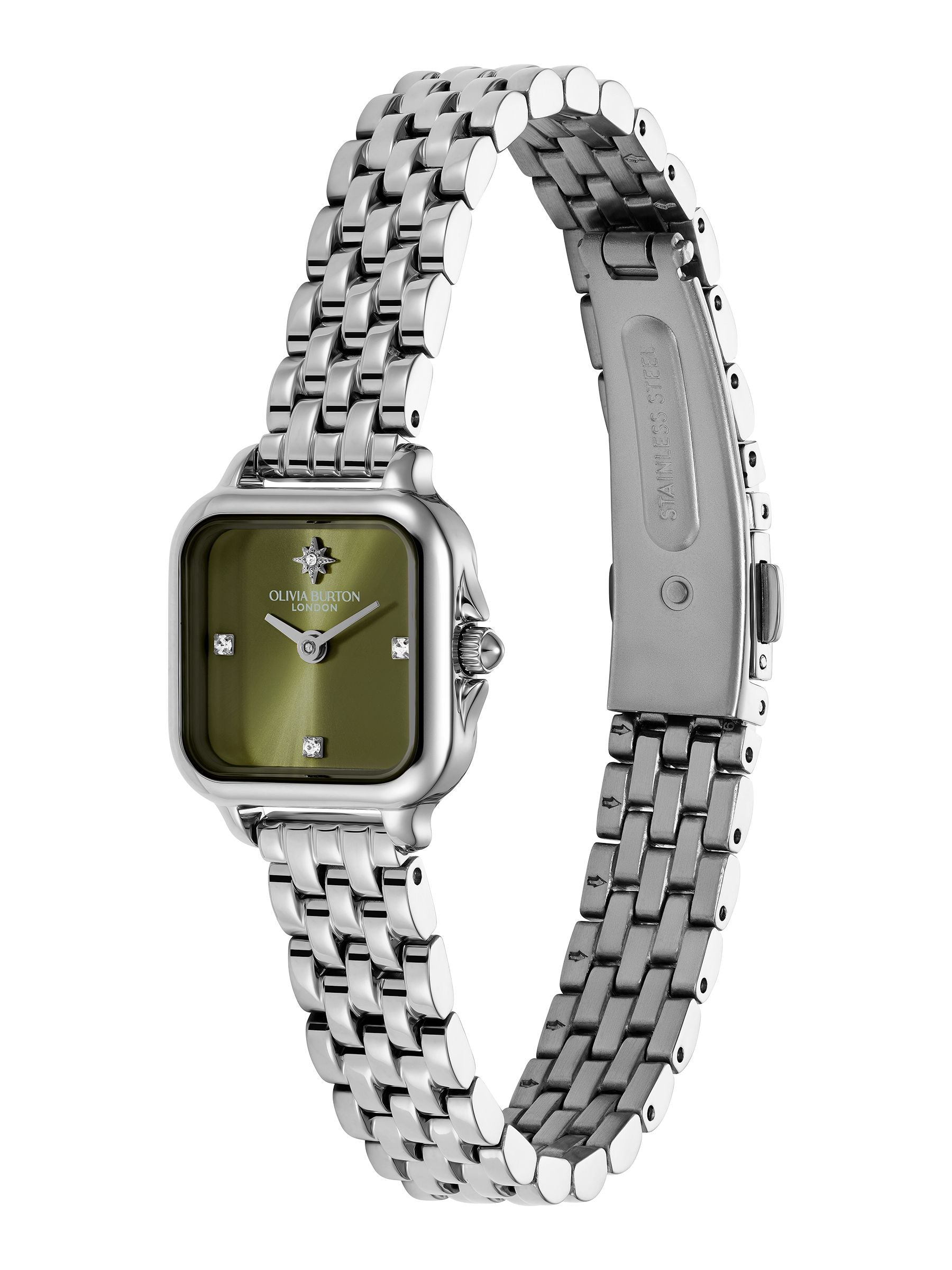Olivia Burton Mini Grosvenor watch with sage green dial 20mm, imported from the UK