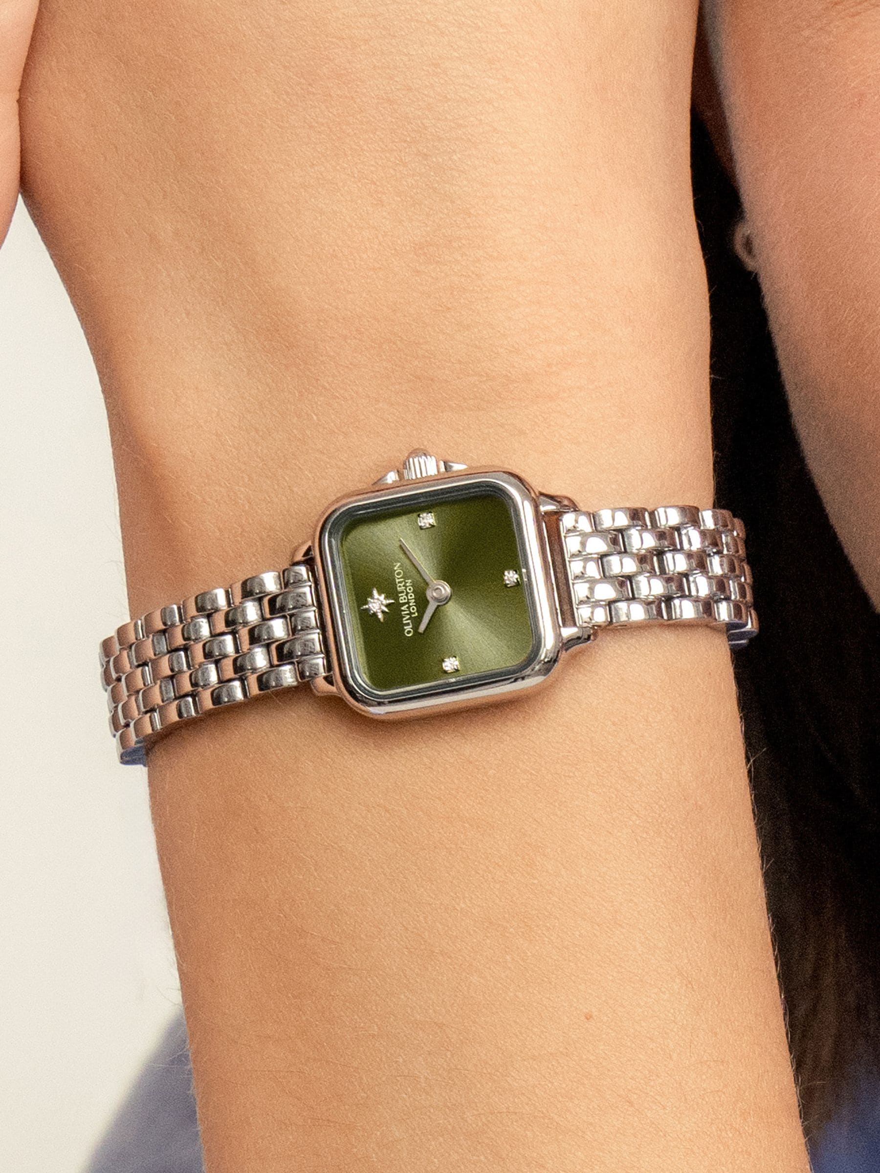 Olivia Burton Mini Grosvenor watch with sage green dial 20mm, imported from the UK
