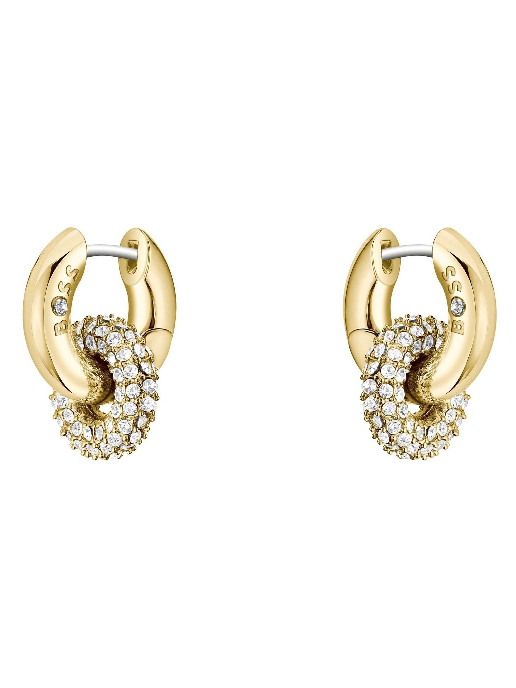 BOSS gold tone huggie earrings with crystal pave, 14mm, UK version