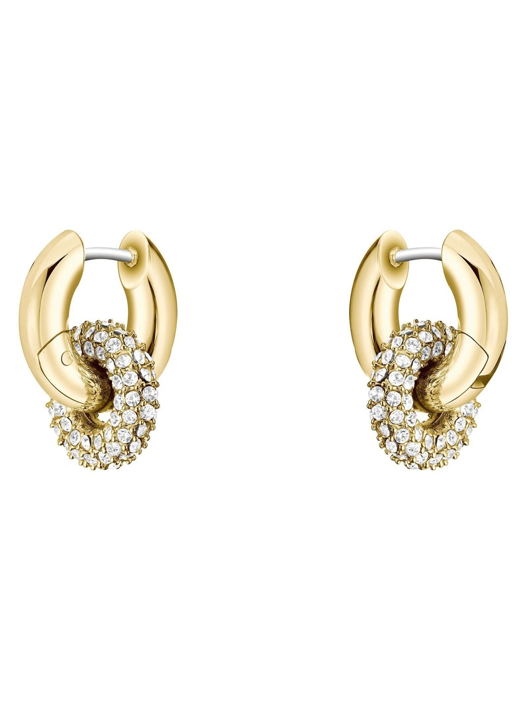 BOSS gold tone huggie earrings with crystal pave, 14mm, UK version