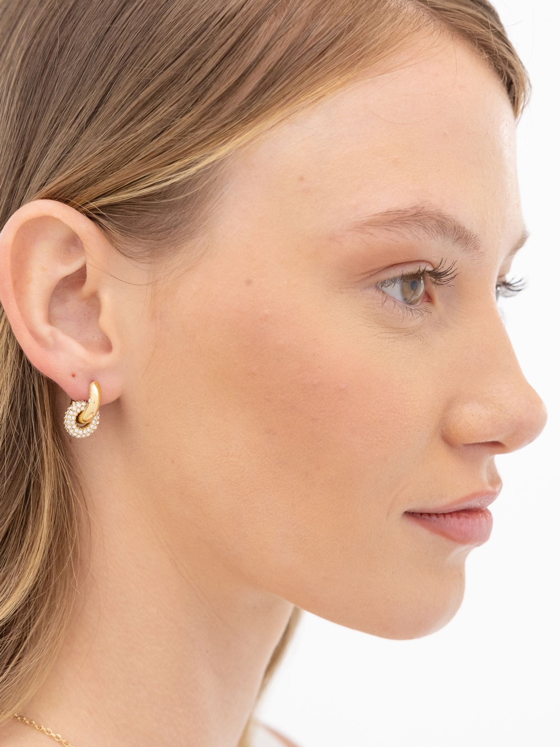 BOSS gold tone huggie earrings with crystal pave, 14mm, UK version
