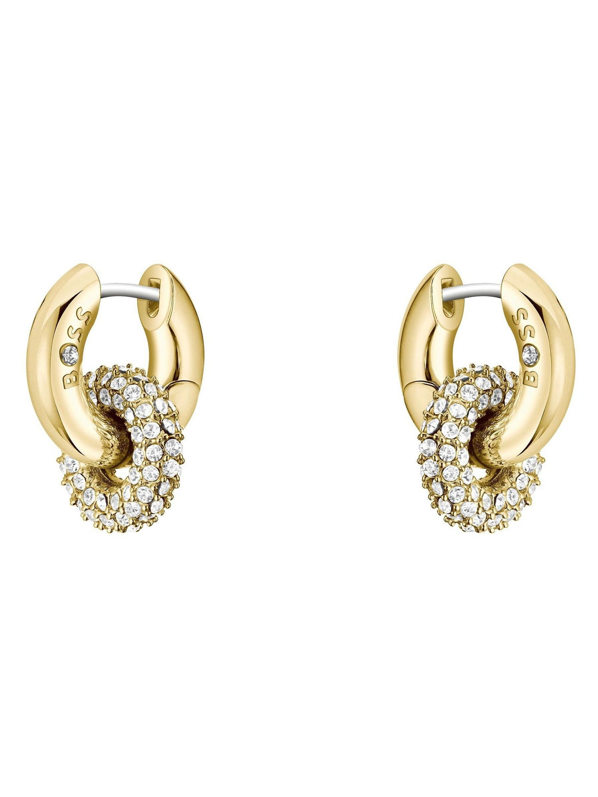 BOSS gold tone huggie earrings with crystal pave, 14mm, UK version