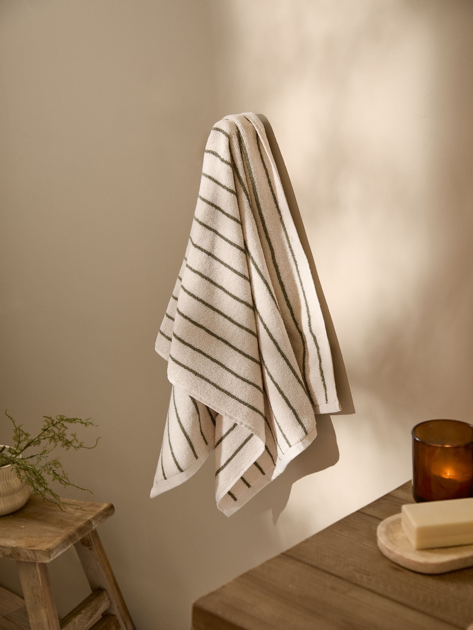 Yard Olive Hebden narrow stripe cotton towel, UK version