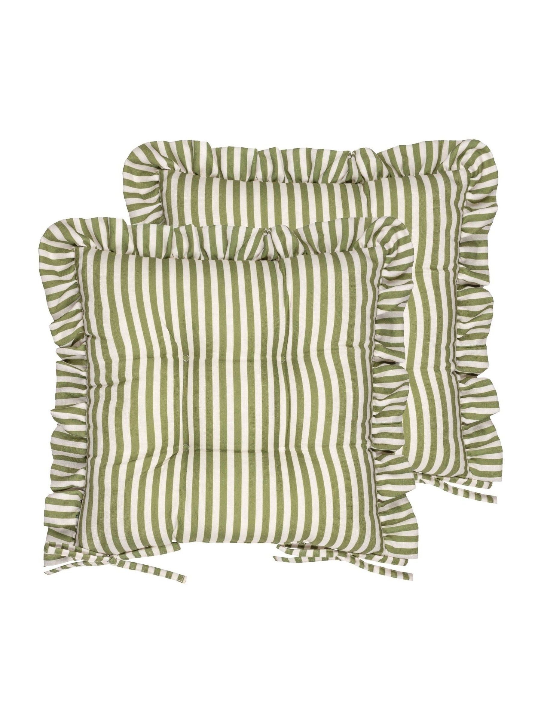 Wylder green Millie ruffle seat pads 40cm square, imported from the UK