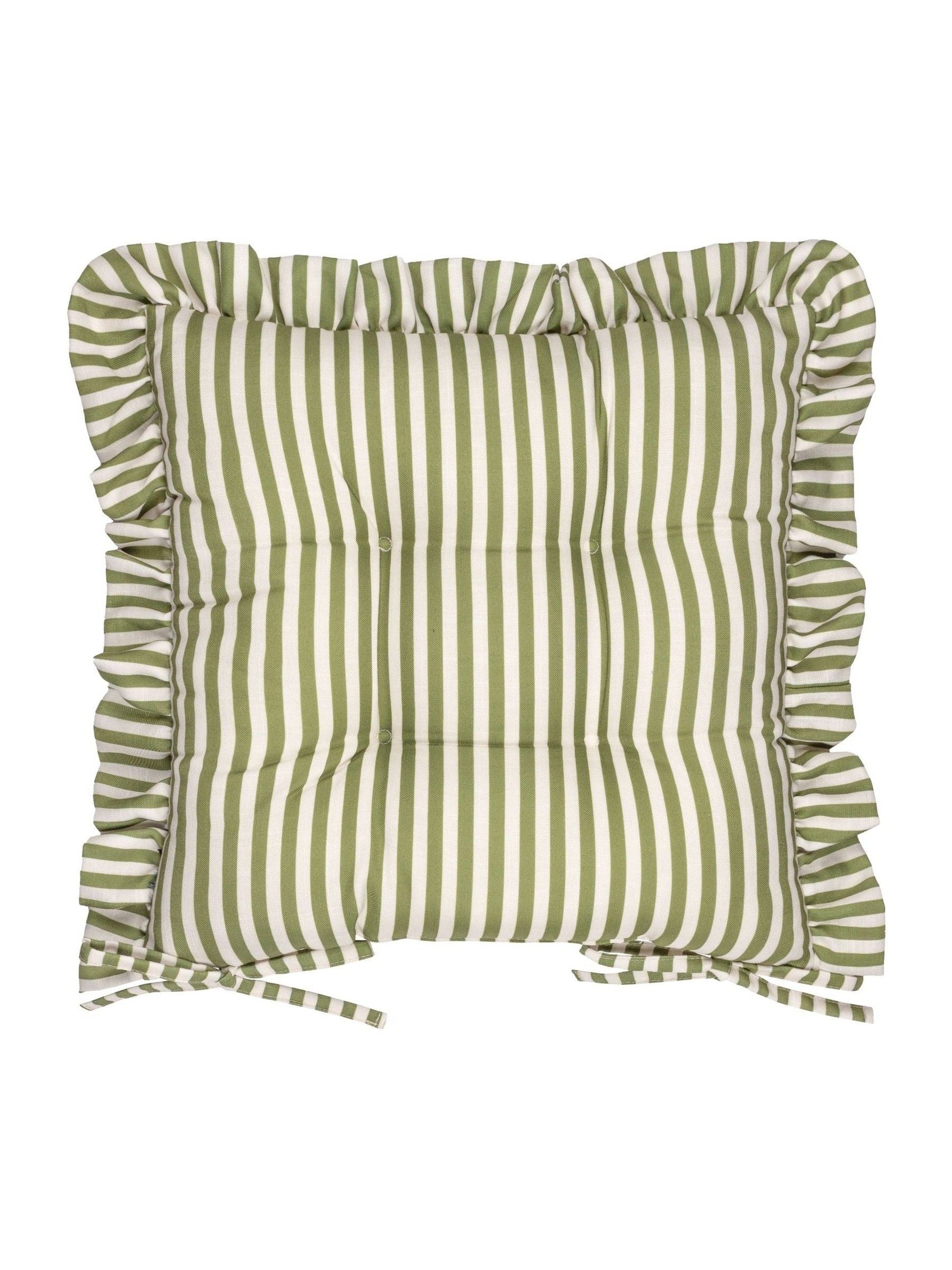 Wylder green Millie ruffle seat pads 40cm square, imported from the UK