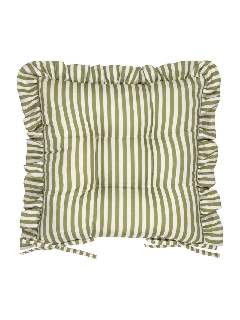Wylder green Millie ruffle seat pads 40cm square, imported from the UK