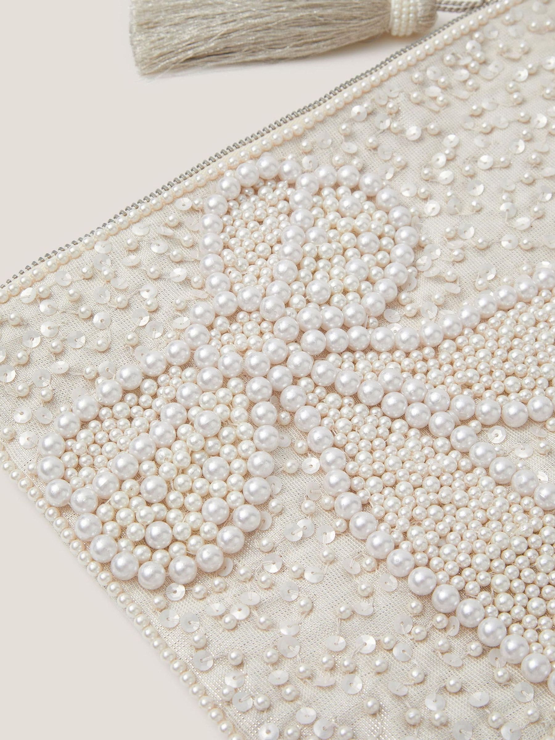 Monsoon Cream Audra Beaded Bow Pouch, imported from the UK