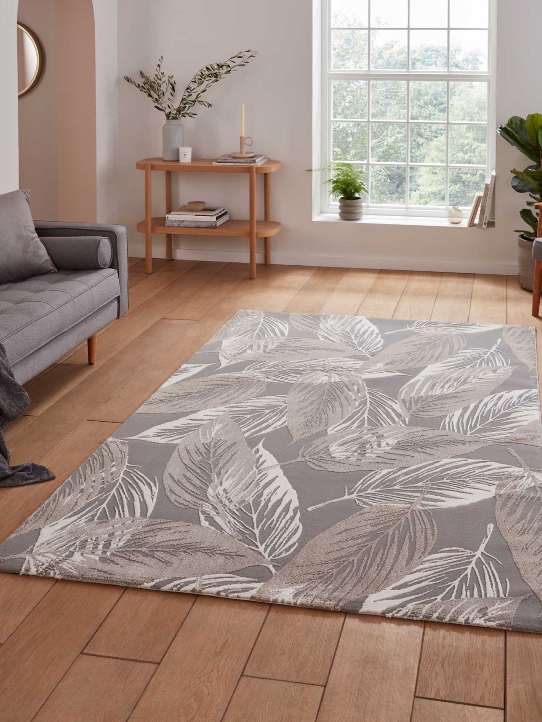 Think Rugs grey floral botanical rug, imported from the UK