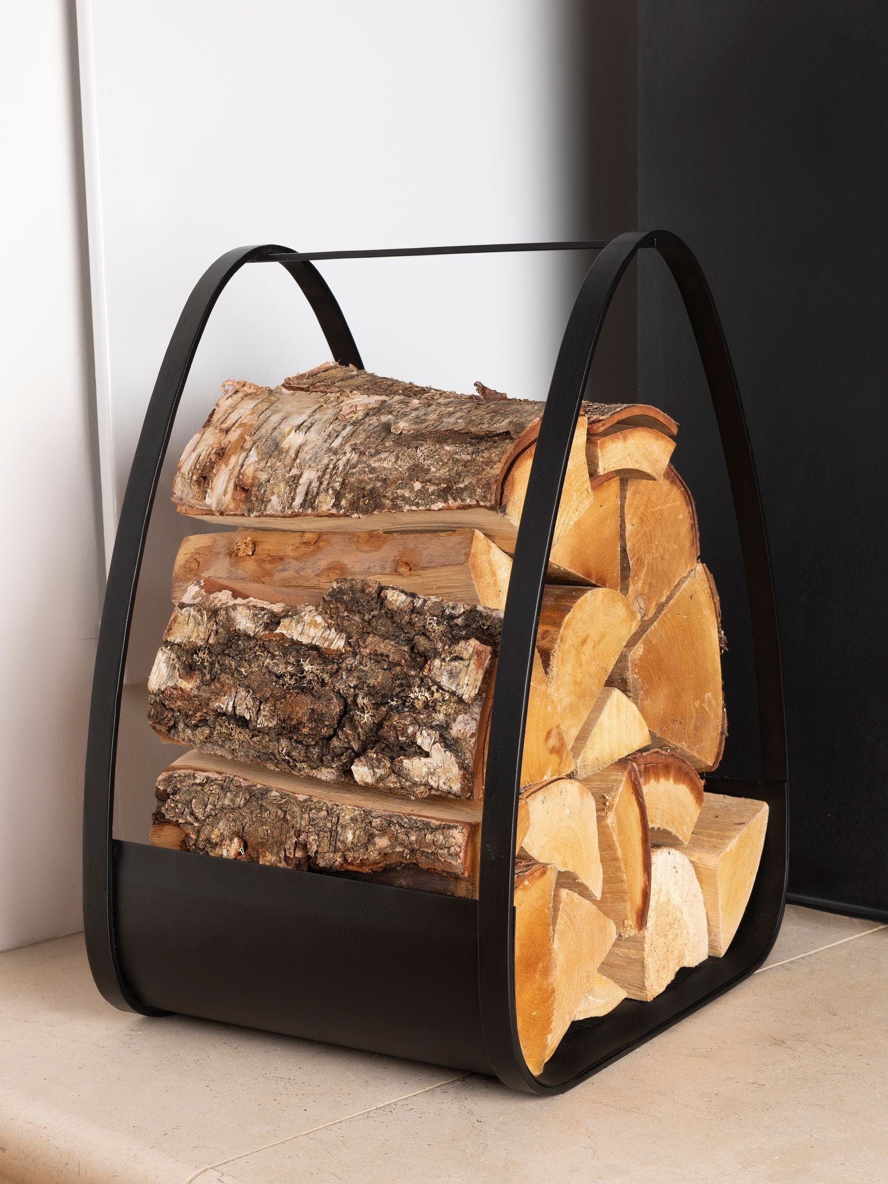 Snug black larch log holder, imported from the UK