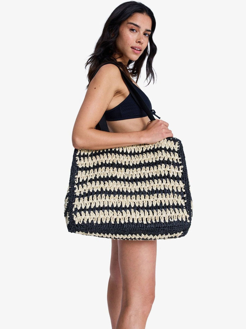Roxy black stripe crochet beach tote bag, UK version
