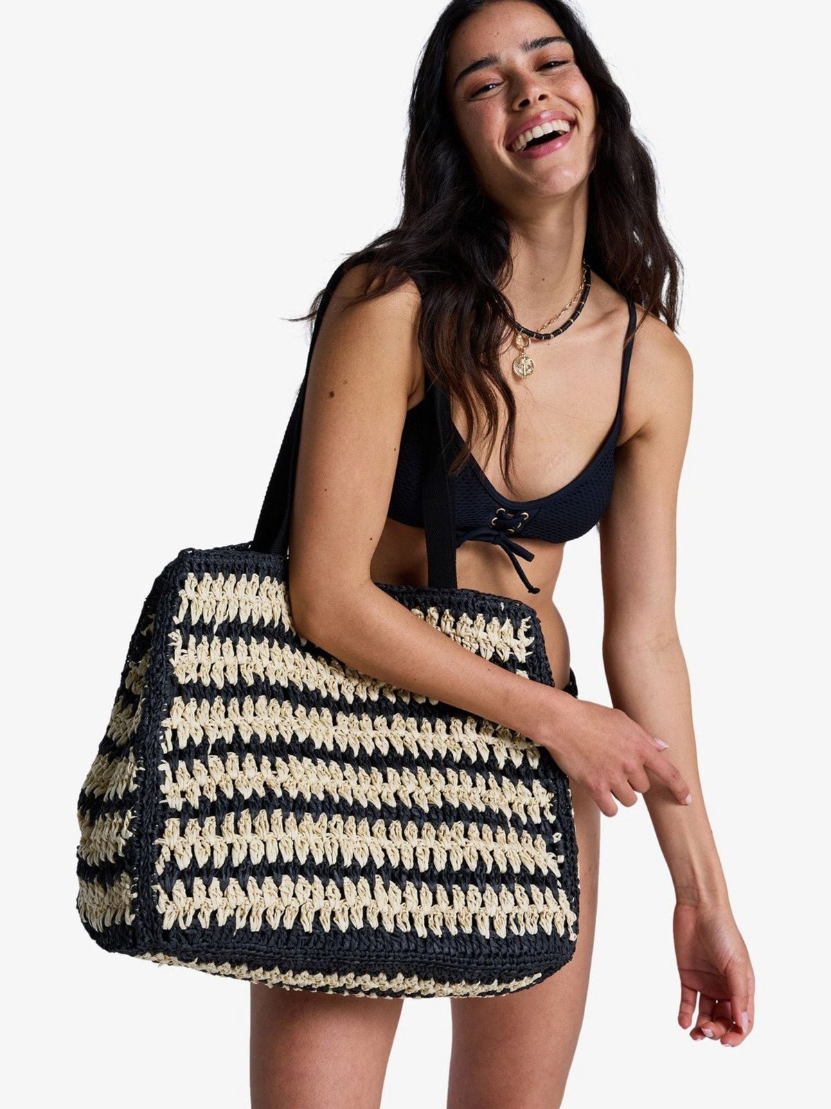 Roxy black stripe crochet beach tote bag, UK version