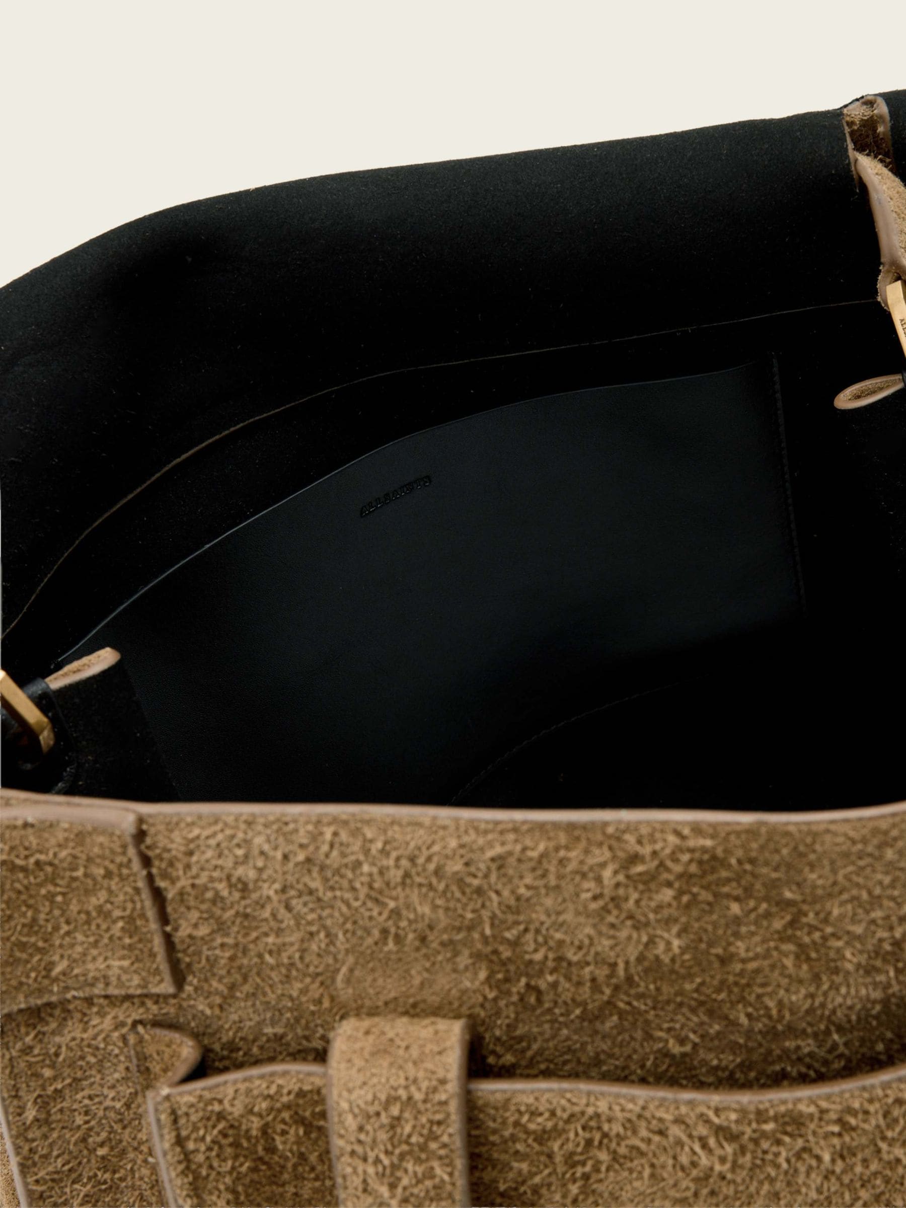 AllSaints brown suede Ursa satchel bag, imported from the UK