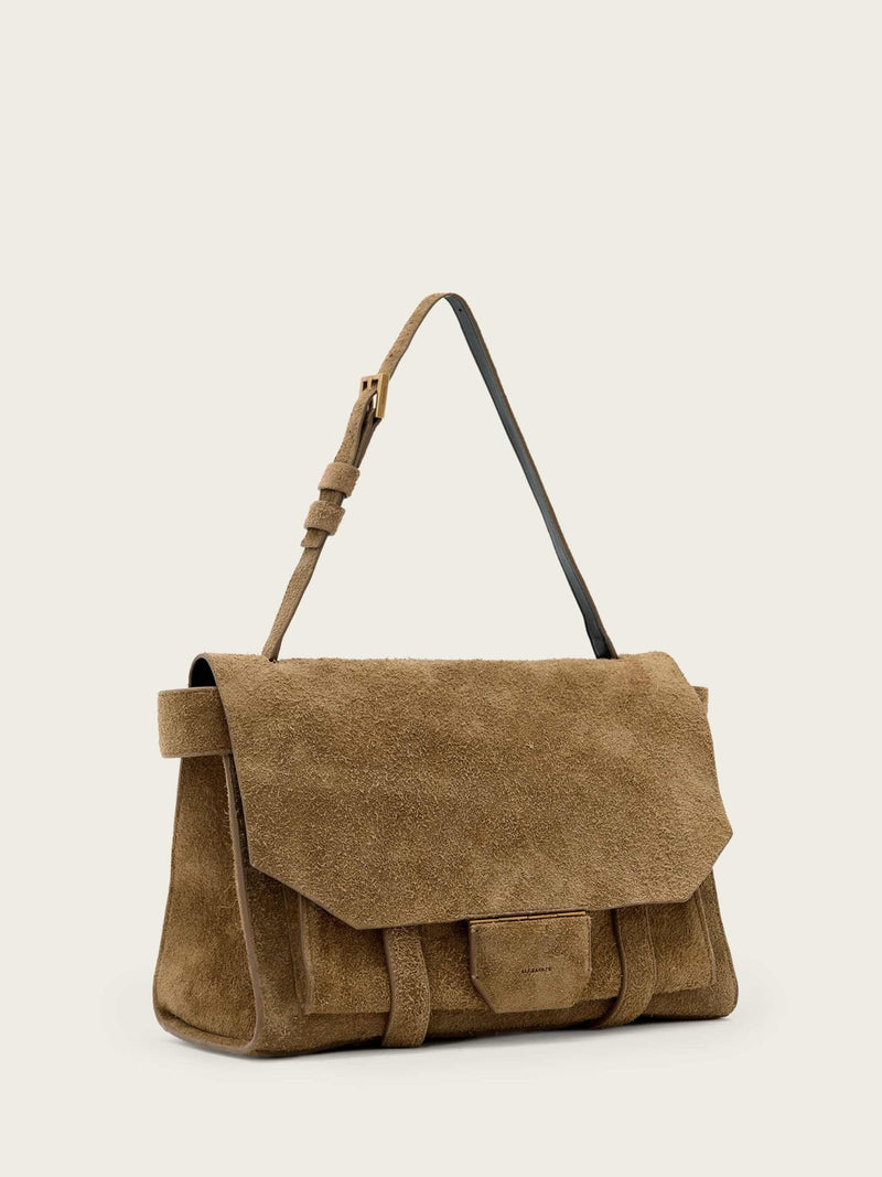 AllSaints brown suede Ursa satchel bag, imported from the UK