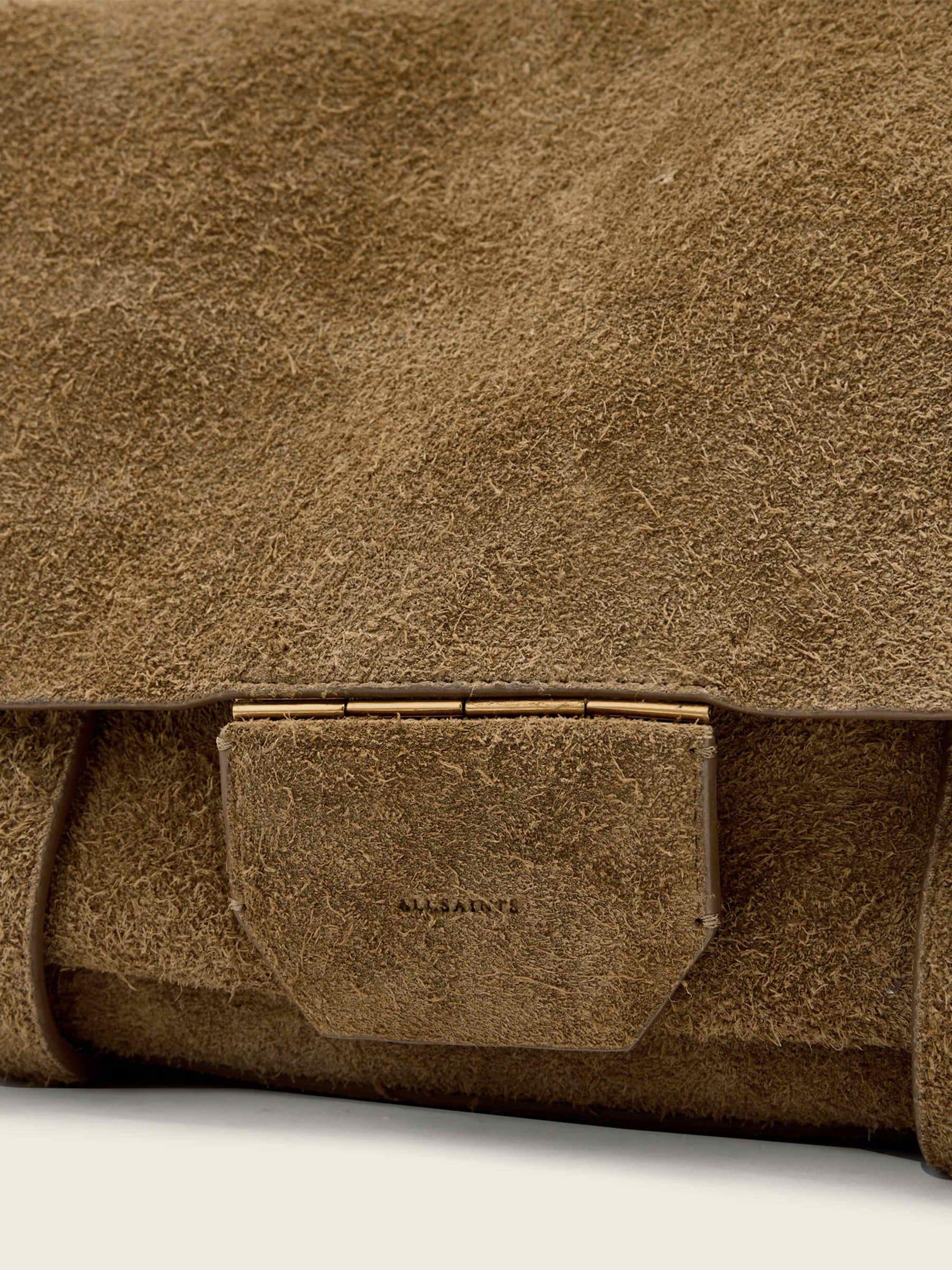 AllSaints brown suede Ursa satchel bag, imported from the UK