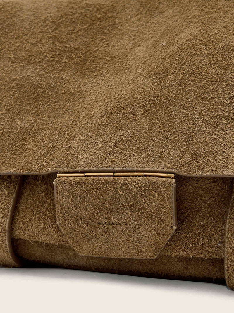 AllSaints brown suede Ursa satchel bag, imported from the UK