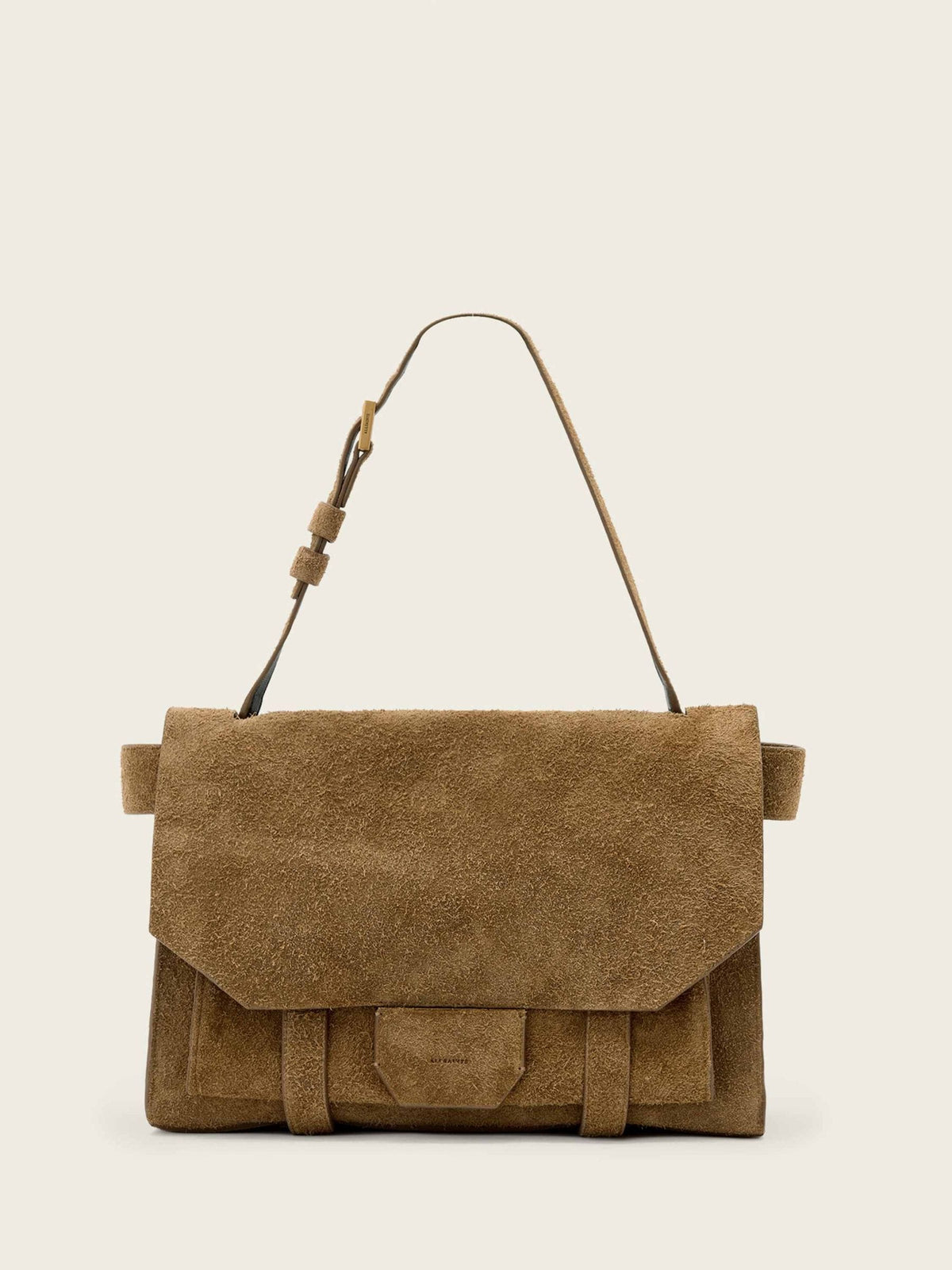 AllSaints brown suede Ursa satchel bag, imported from the UK