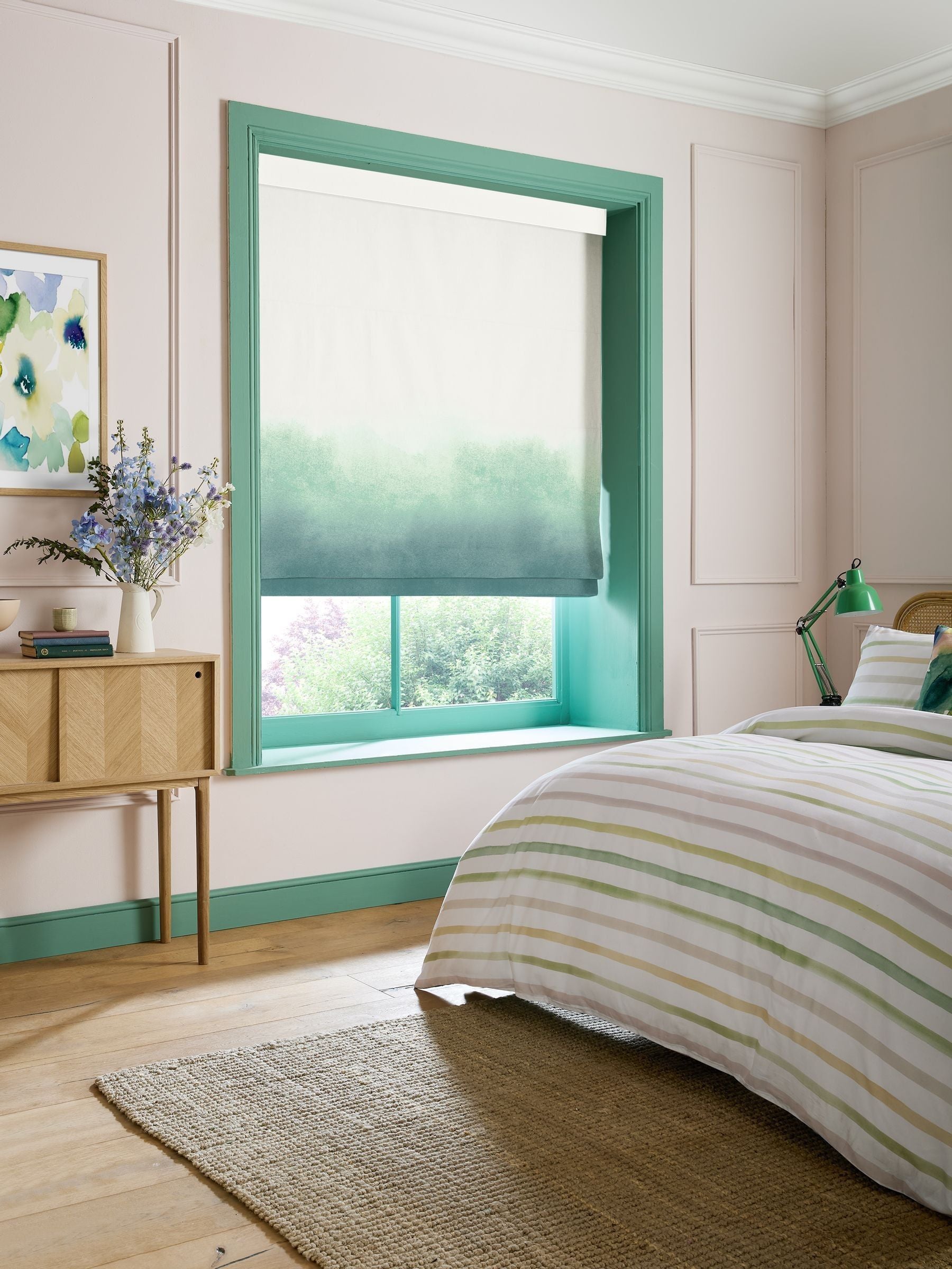 Bluebellgray teal ombre made to measure roman blind, imported from the UK
