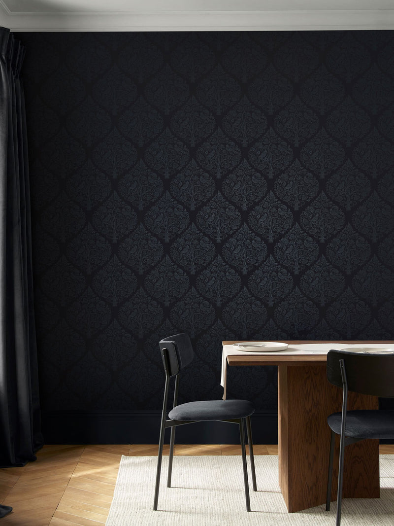 Graham & Brown Woodland Fable navy damask wallpaper 10m x 52cm, imported from the UK
