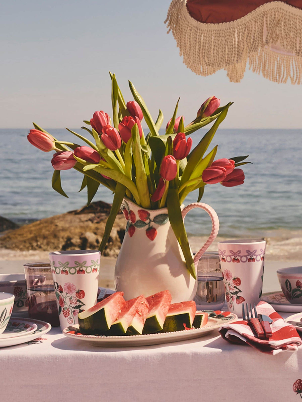 Cath Kidston ceramic pitcher jug vase with pink raspberry design - British product