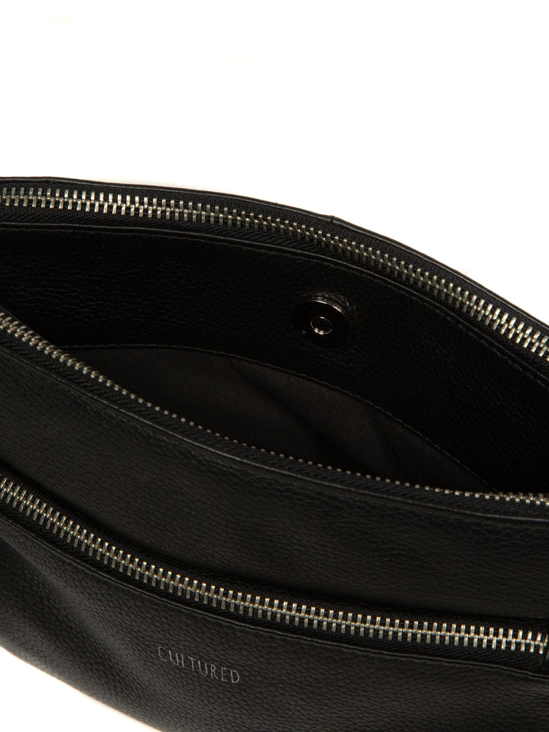 Cultured London black leather cross-body bag, imported from the UK