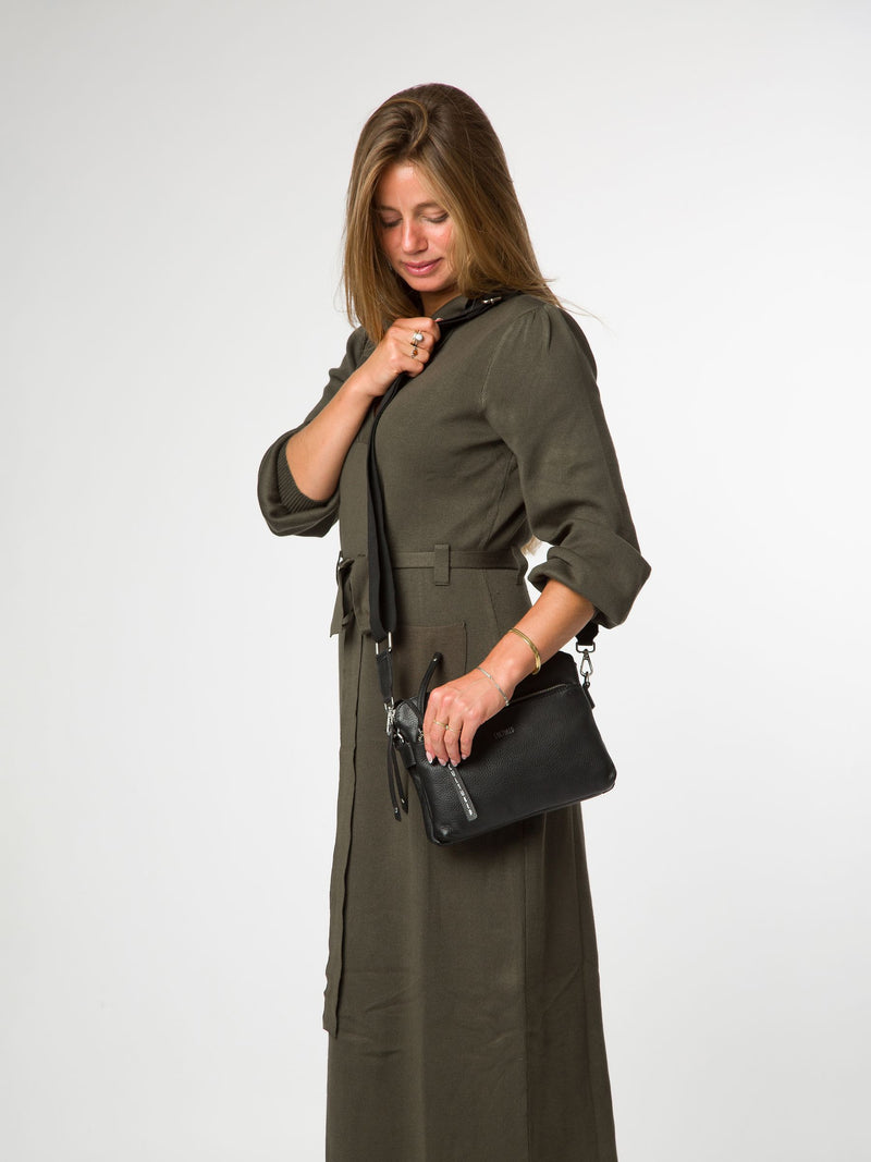 Cultured London black leather cross-body bag, imported from the UK