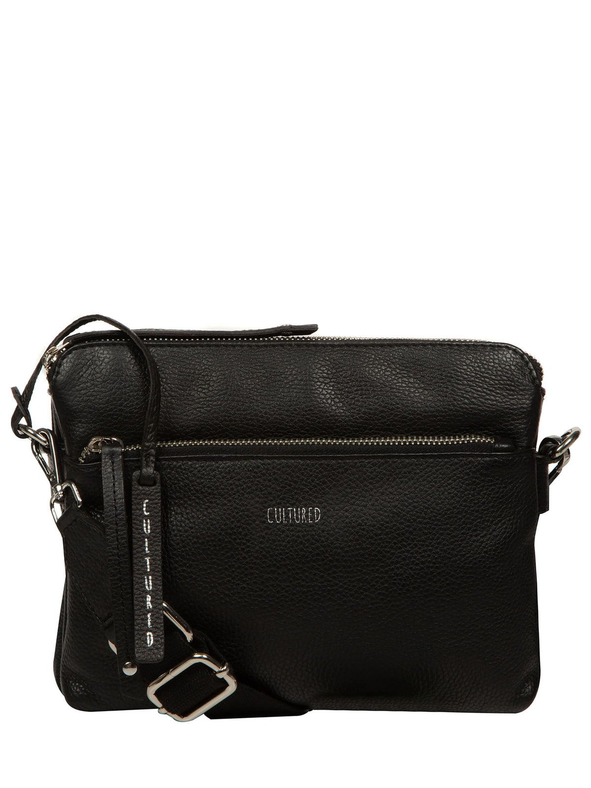 Cultured London black leather cross-body bag, imported from the UK