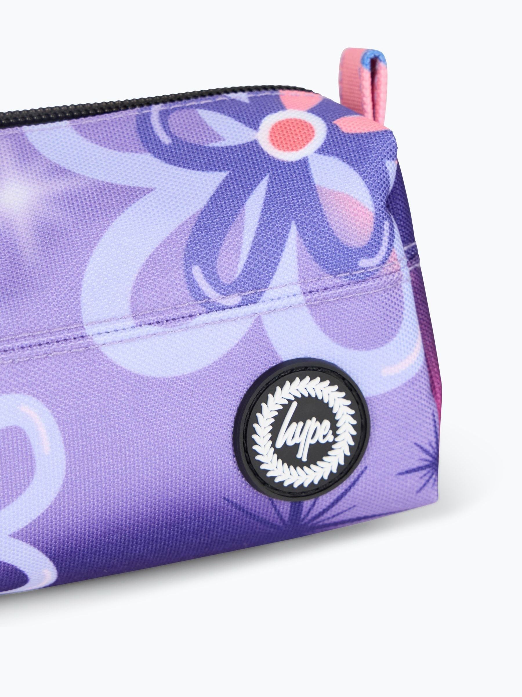 Hype purple sparkle flower pencil case with crest badge, imported from the UK