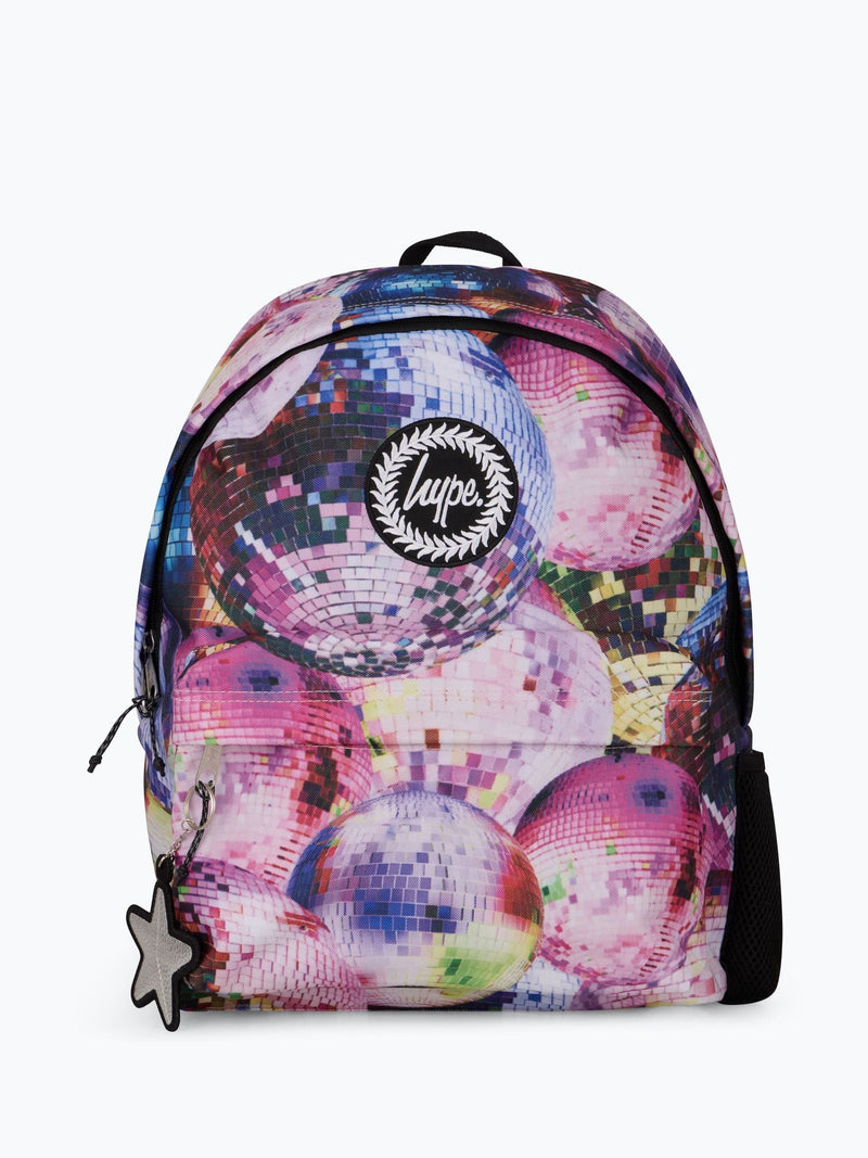Hype pink disco backpack with bold graphics and keyring, imported from the UK