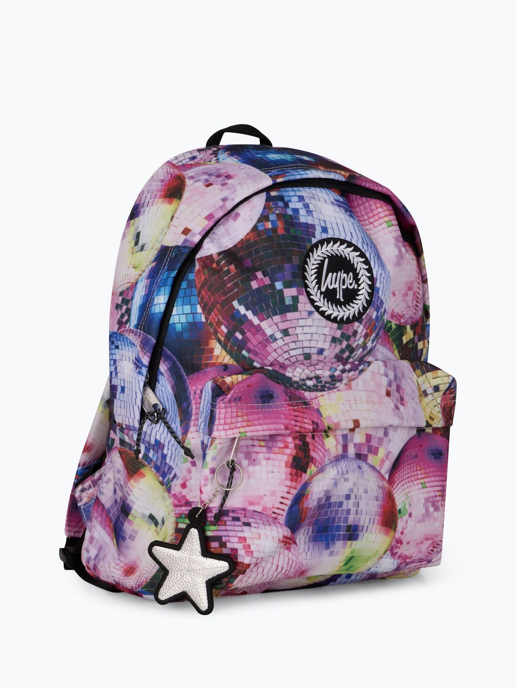 Hype pink disco backpack with bold graphics and keyring, imported from the UK