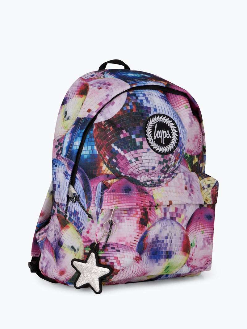 Hype pink disco backpack with bold graphics and keyring, imported from the UK